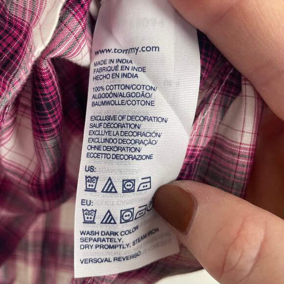 Tommy Hilfiger Women Collarless Plaid Button Up Shirt Medium Retro Preppy - Picture 7 of 8